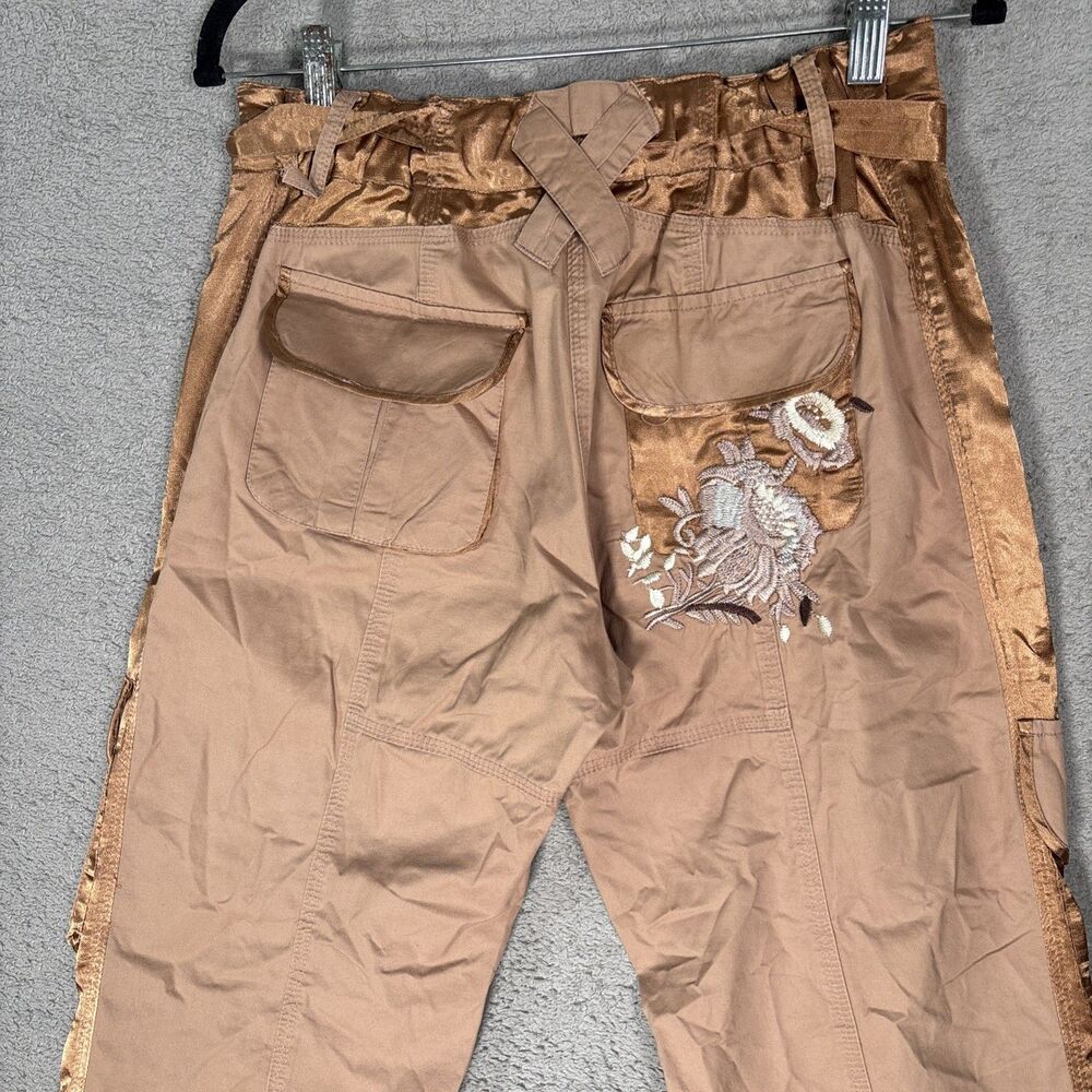 Cache Women’s Cropped Cargo Pants Size S Tan Brown Floral Boho Y2K Rave Fairy - Picture 13 of 15